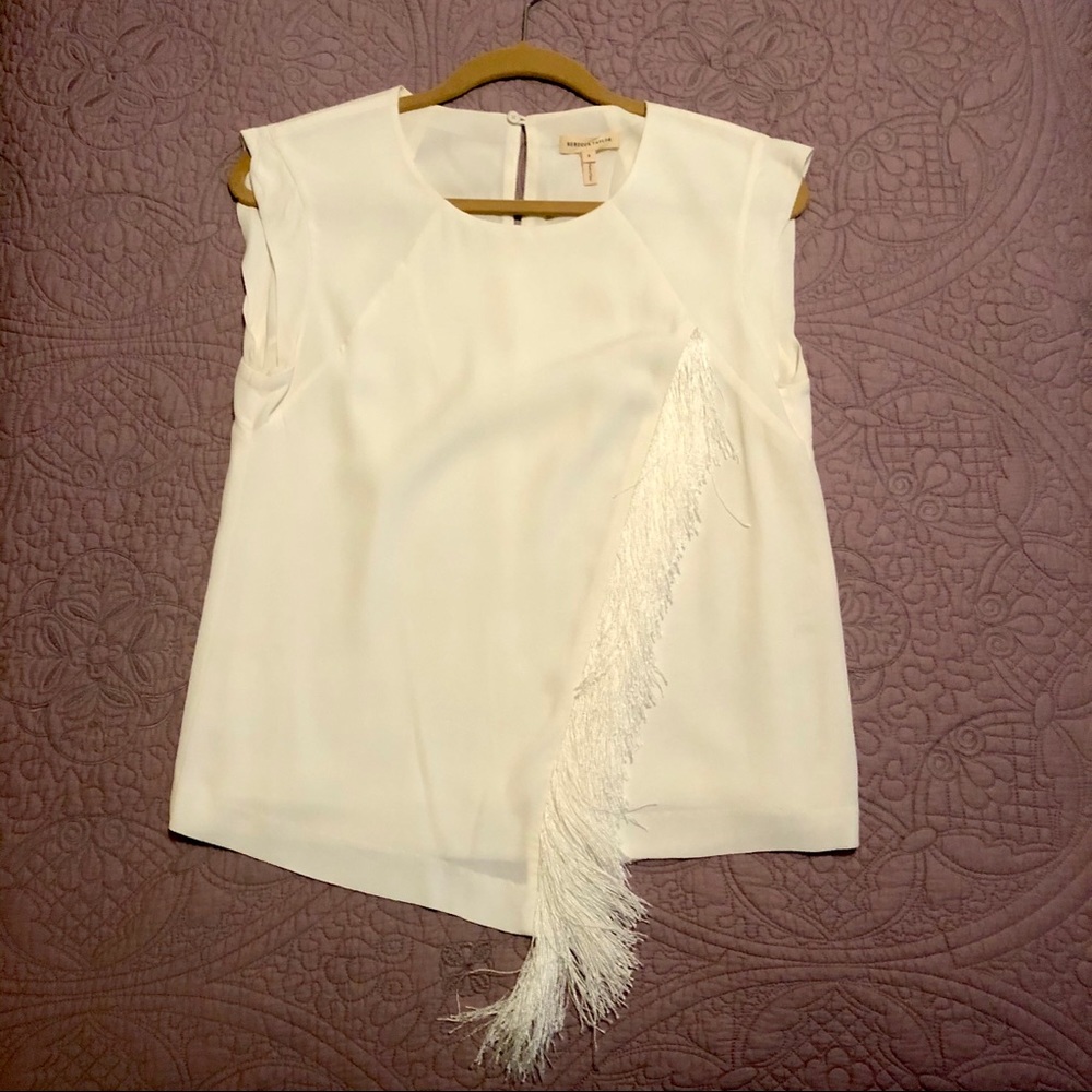 REBECCA TAYLOR White Crepe CapSleeve Fringe Blouse
